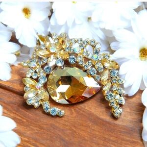 Citrine Rhinestone Crescent Brooch